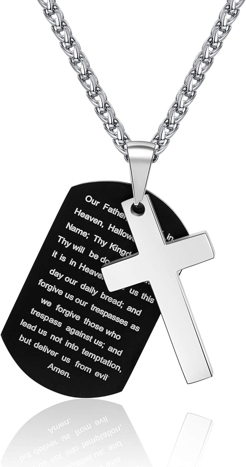 Stainless Steel Dog Tag Cross Necklace for Men Boys Lord’S Prayer/Bible Verse Pendant with Wheat Chain Valentine'S Day Easter Jewelry Gifts 24 Inches