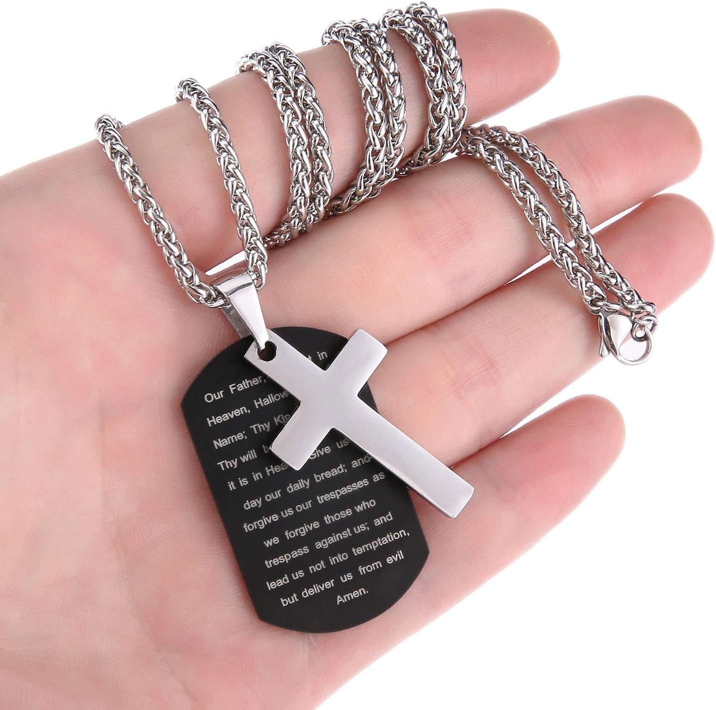 Stainless Steel Dog Tag Cross Necklace for Men Boys Lord’S Prayer/Bible Verse Pendant with Wheat Chain Valentine'S Day Easter Jewelry Gifts 24 Inches