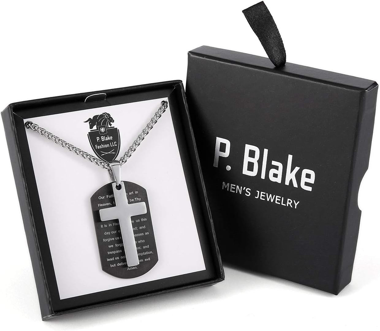 Stainless Steel Dog Tag Cross Necklace for Men Boys Lord’S Prayer/Bible Verse Pendant with Wheat Chain Valentine'S Day Easter Jewelry Gifts 24 Inches