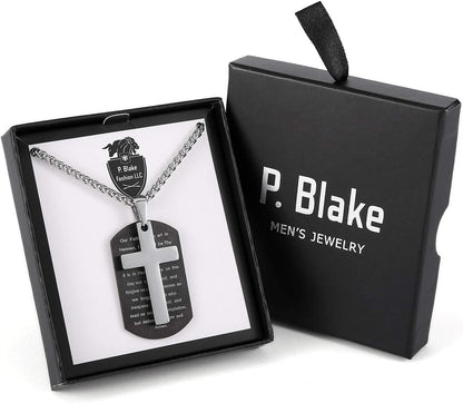 Stainless Steel Dog Tag Cross Necklace for Men Boys Lord’S Prayer/Bible Verse Pendant with Wheat Chain Valentine'S Day Easter Jewelry Gifts 24 Inches