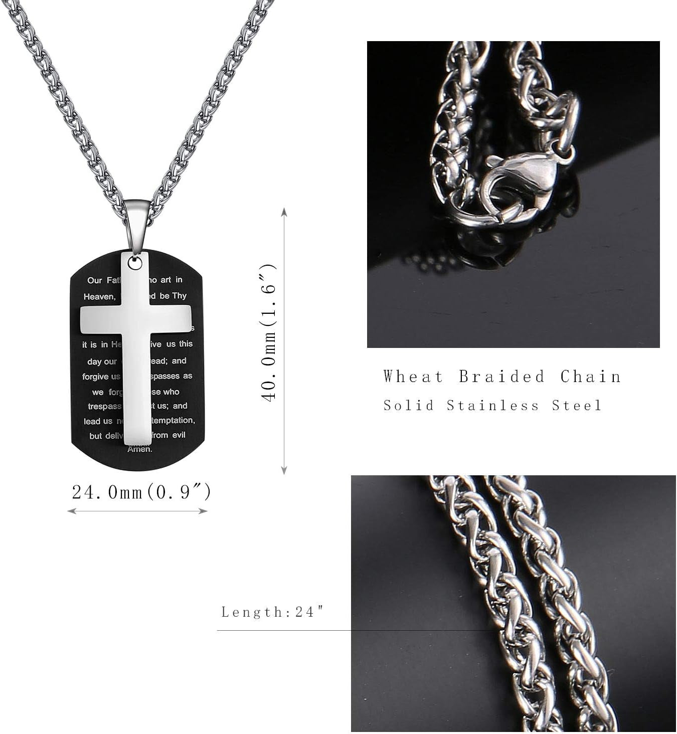 Stainless Steel Dog Tag Cross Necklace for Men Boys Lord’S Prayer/Bible Verse Pendant with Wheat Chain Valentine'S Day Easter Jewelry Gifts 24 Inches