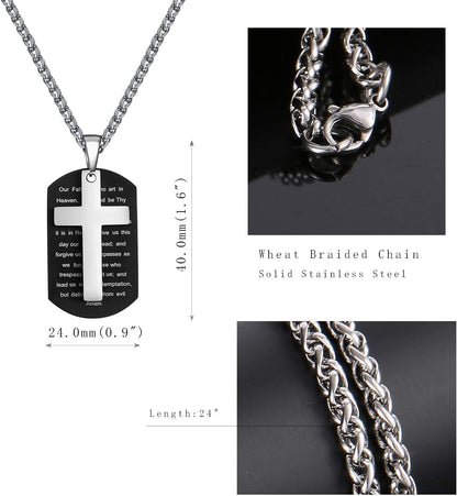 Stainless Steel Dog Tag Cross Necklace for Men Boys Lord’S Prayer/Bible Verse Pendant with Wheat Chain Valentine'S Day Easter Jewelry Gifts 24 Inches
