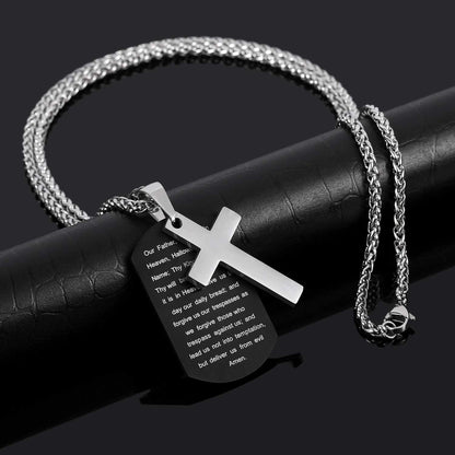 Stainless Steel Dog Tag Cross Necklace for Men Boys Lord’S Prayer/Bible Verse Pendant with Wheat Chain Valentine'S Day Easter Jewelry Gifts 24 Inches